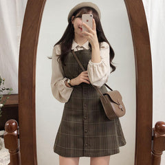 Cocoa Dust Plaid Vintage-Style Pinafore Mini Dress