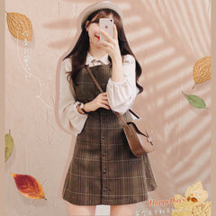 Cocoa Dust Plaid Vintage-Style Pinafore Mini Dress