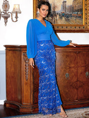 Lantern Chiffon Sleeve Split Sequin Fringe Prom Dress XJ911