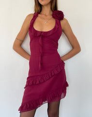 Margaret Ruffle Mini Dress in Plum Chiffon with Rosette