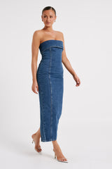 Katherine Strapless Denim Midi Dress - Dark Blue