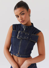 Greedy Denim Buckle Top - Indigo