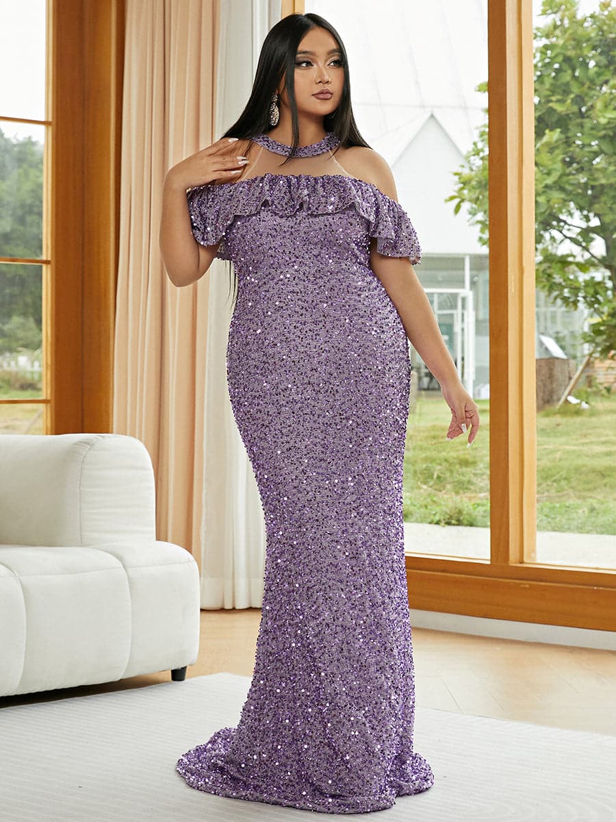 Plus Size Cold Shoulder Sequin Evening Dress PJMH3144