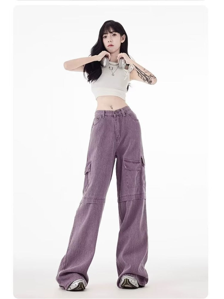 Vintage Purple Cargo Pants New Multi Pocket High Waist Casual Loose Drag Thin Wide Leg Pants Women's Jeans