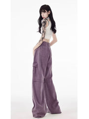 Vintage Purple Cargo Pants New Multi Pocket High Waist Casual Loose Drag Thin Wide Leg Pants Women's Jeans