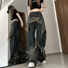 Cargo Jeans Pants Women Street Loose Oversize Panelled Pentacle Raw Hem Pant 2023 Vintage Blue Hip Hop Female Denim Trousers