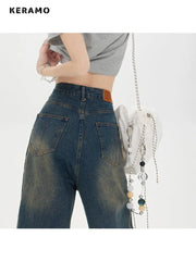 Korean Style Women's Vintage High Waist Streetwear Style Blue Jeans Pants Wide Leg Baggy Y2K Baggy Female Denim Trouser