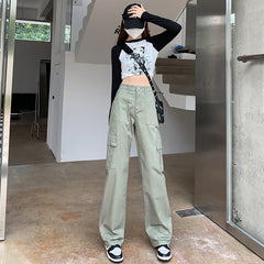 American Retro Khaki Green Pockets Cargo Pants Women 90s Baggy Workwear Jeans Female Straight Loose Wide Leg Trousers Summer Y2k