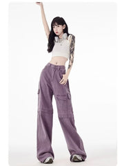 Vintage Purple Cargo Pants New Multi Pocket High Waist Casual Loose Drag Thin Wide Leg Pants Women's Jeans