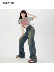 Korean Style Women's Vintage High Waist Streetwear Style Blue Jeans Pants Wide Leg Baggy Y2K Baggy Female Denim Trouser