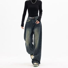 Harajuku Retro Washed Vintage Streeetwear Y2K Baggy Pants Fashion Women High Waist Jeans Wide Leg Straight Loose Denim Trousers