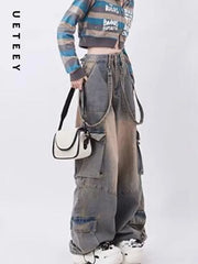 UETEEY American Retro Jeans Wide Leg Baggy Pants Streetwear Trousers Y2k Fashion 2023 Spice Girls Denim Pants Straight Jeans