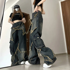 Cargo Jeans Pants Women Street Loose Oversize Panelled Pentacle Raw Hem Pant 2023 Vintage Blue Hip Hop Female Denim Trousers