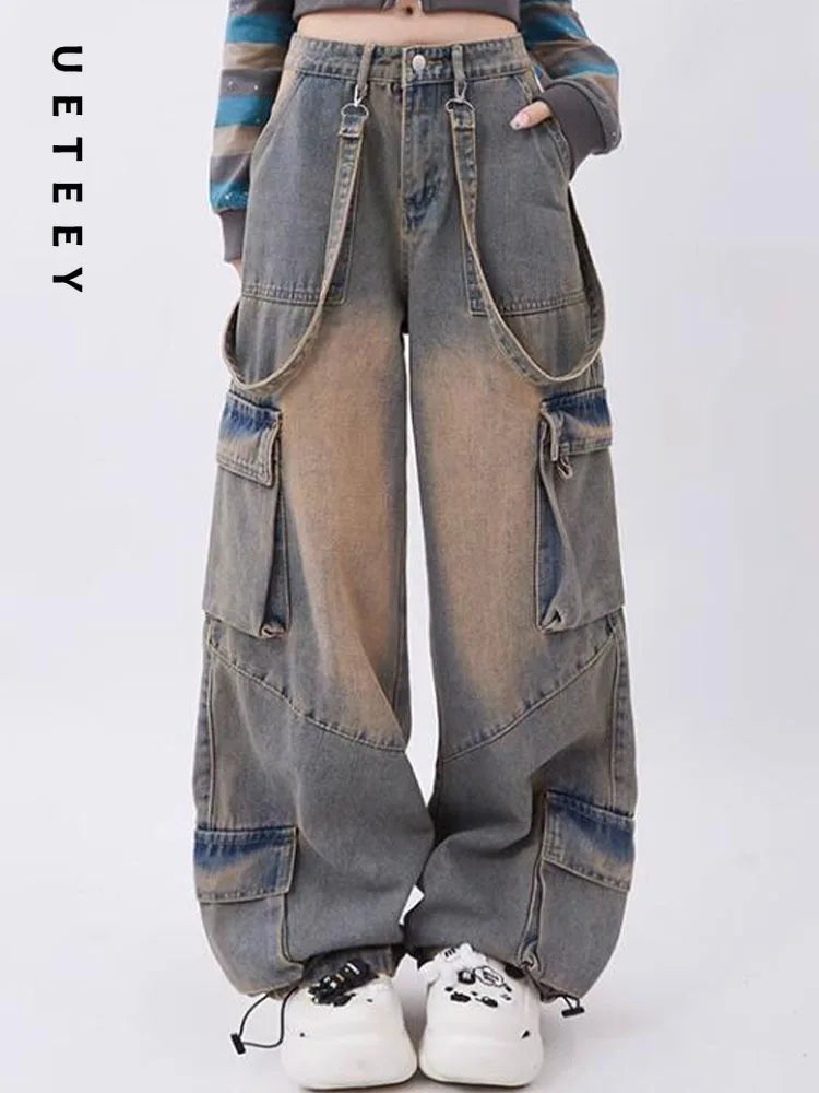 UETEEY American Retro Jeans Wide Leg Baggy Pants Streetwear Trousers Y2k Fashion 2023 Spice Girls Denim Pants Straight Jeans