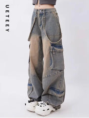 UETEEY American Retro Jeans Wide Leg Baggy Pants Streetwear Trousers Y2k Fashion 2023 Spice Girls Denim Pants Straight Jeans