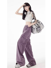 Vintage Purple Cargo Pants New Multi Pocket High Waist Casual Loose Drag Thin Wide Leg Pants Women's Jeans