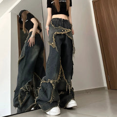 Cargo Jeans Pants Women Street Loose Oversize Panelled Pentacle Raw Hem Pant 2023 Vintage Blue Hip Hop Female Denim Trousers