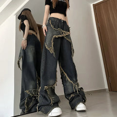 Cargo Jeans Pants Women Street Loose Oversize Panelled Pentacle Raw Hem Pant 2023 Vintage Blue Hip Hop Female Denim Trousers