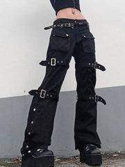 Eyelet Buckle Cyber Punk Goth Baggy Jeans Y2K Woman Techwear Dark Academic Solid E Girl Cargo Pants Denim Gothic Hippie Trousers