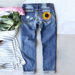 Women's Sunflower Print Ripped Jeans Patchworks Regular Fit Long Casual Denim Jeans Holes Trousers Streetwear Denim Pencil Pants