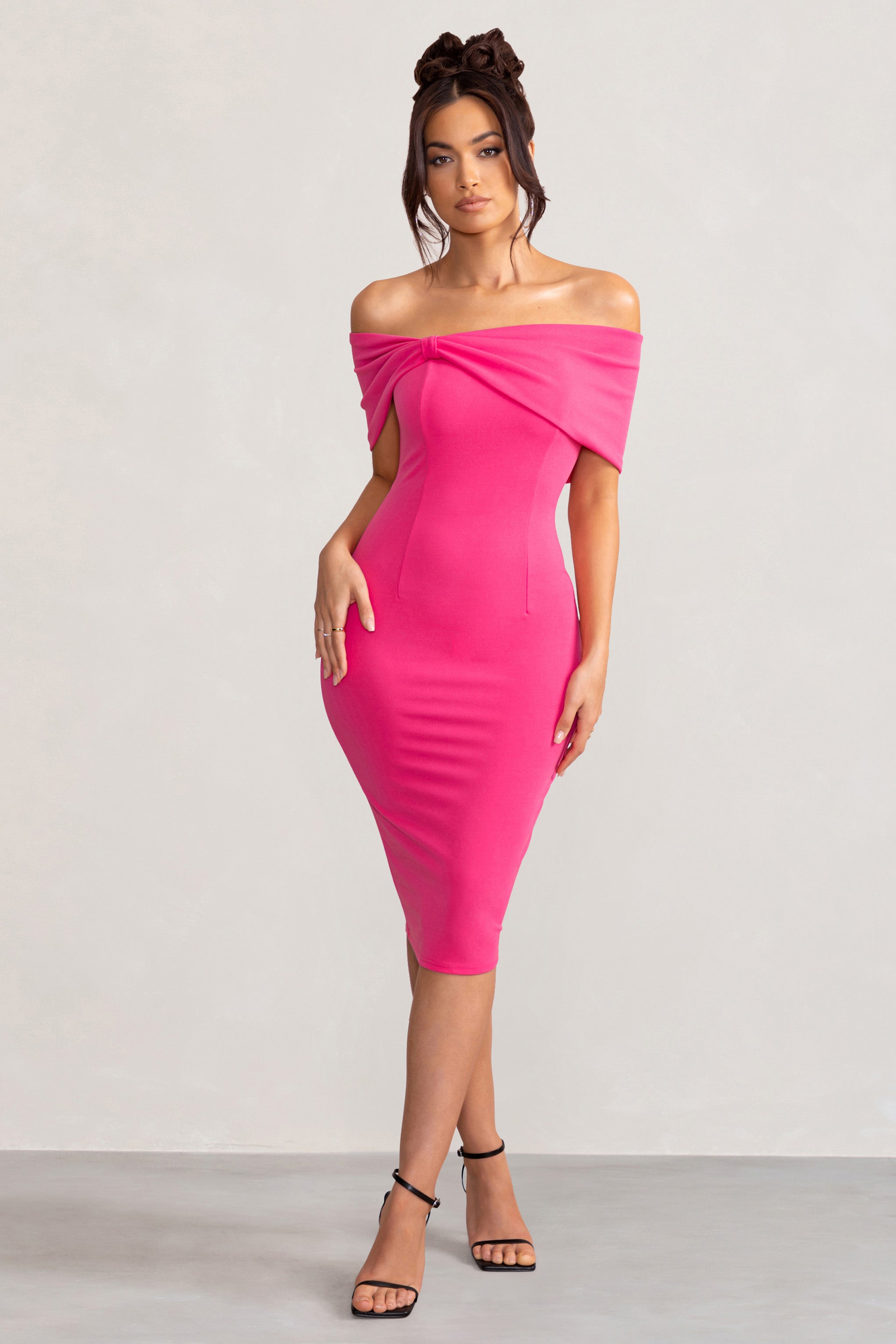 Alyssa | Hot Pink Bardot Bow Detail Midi Dress