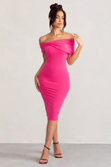 Alyssa | Hot Pink Bardot Bow Detail Midi Dress