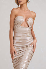 Stately | Champagne Cut-Out Ruched Bodycon Midi Dress