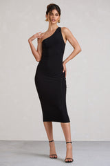 Vineyard | Black Asymmetric Backless Bodycon Midi Dress