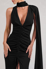 Whimsical | Black Chiffon Plunge Fishtail Maxi Dress With Scarf Design