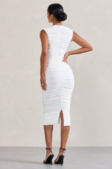 Alight  | White Ruched Mesh Sleeveless Bodycon Midi Dress