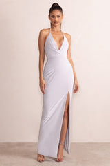 Amira | Silver Plunge Neck Cowl Back Maxi Dress With Diamante Trim