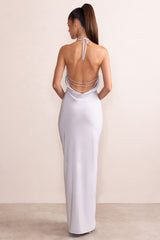 Amira | Silver Plunge Neck Cowl Back Maxi Dress With Diamante Trim