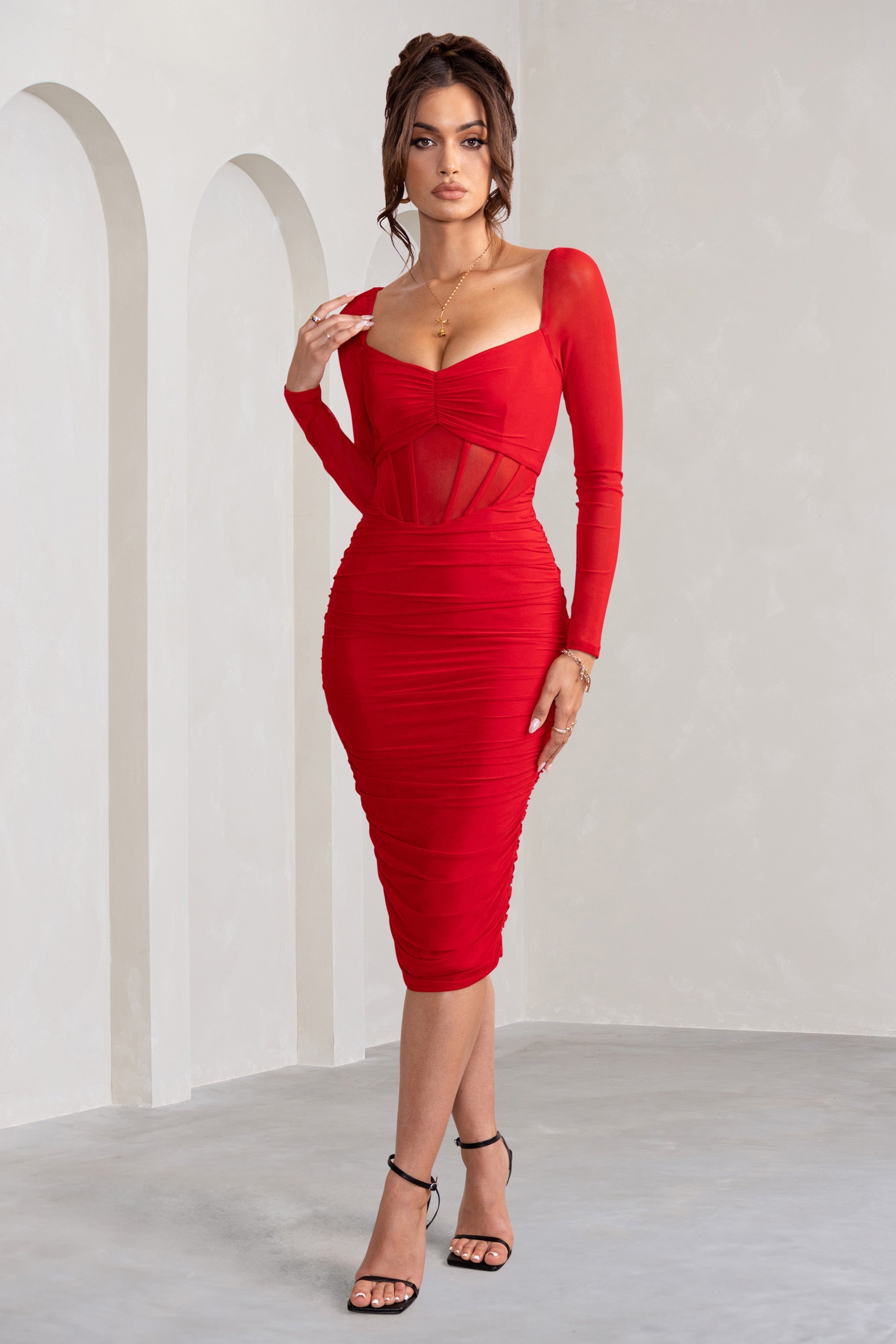 Abiba | Red Ruched Front Corset Midi Dress With Long Sleeves