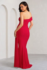 Aaliyah | Red Asymmetric Bardot Maxi Dress with Drape