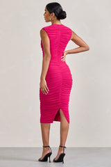 Alight | Fuchsia Pink Ruched Mesh Sleeveless Bodycon Midi Dress