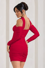 Thea | Red Ruched Long-Sleeved Bodycon Mini Dress With Halter Collar