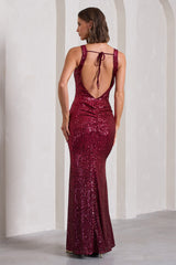 Yvonne | Plum Sequin Open-Back Bodycon Maxi Dress