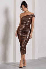 Alma | Bronze Asymmetric Ruched Bodycon Midi Dress