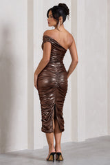 Alma | Bronze Asymmetric Ruched Bodycon Midi Dress