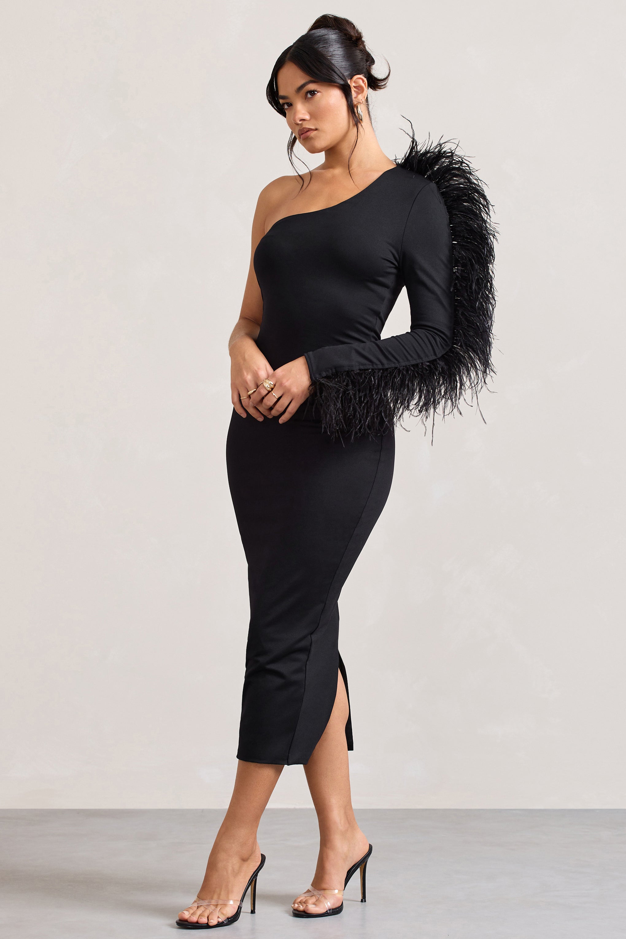 Wild One | Black One-Shoulder Bodycon Midi Dress With Feather-Trimmed Sleeve