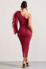 Wild One | Burgundy One-Shoulder Bodycon Midi Dress With Feather-Trimmed Sleeve