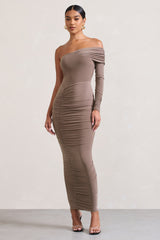 Afterparty | Mocha Ruched Asymmetric Bodycon Maxi Dress