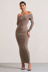 Afterparty | Mocha Ruched Asymmetric Bodycon Maxi Dress