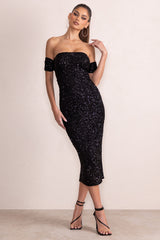 Aeris | Black Sequin Bardot Ruched Draped Midi Dress