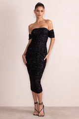 Aeris | Black Sequin Bardot Ruched Draped Midi Dress