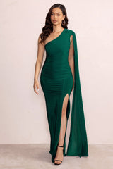 Alexia | Bottle Green One-Shoulder Maxi Dress with Cape Sleeve and Thigh Split