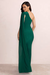 Alexia | Bottle Green One-Shoulder Maxi Dress with Cape Sleeve and Thigh Split