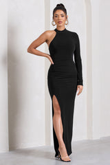 Alina | Black Ruched High-Neck Asymmetric Split Maxi Dress