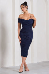 Amanda | Navy Twisted Wrap Bardot Midi Dress