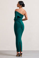 Afterparty | Bottle Green Ruched Asymmetric Bodycon Maxi Dress